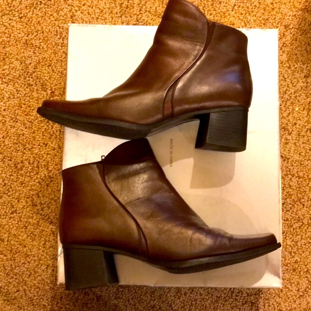 Macee brown leather 2” block heel ankle Chelsea Beatle boots side zip booties